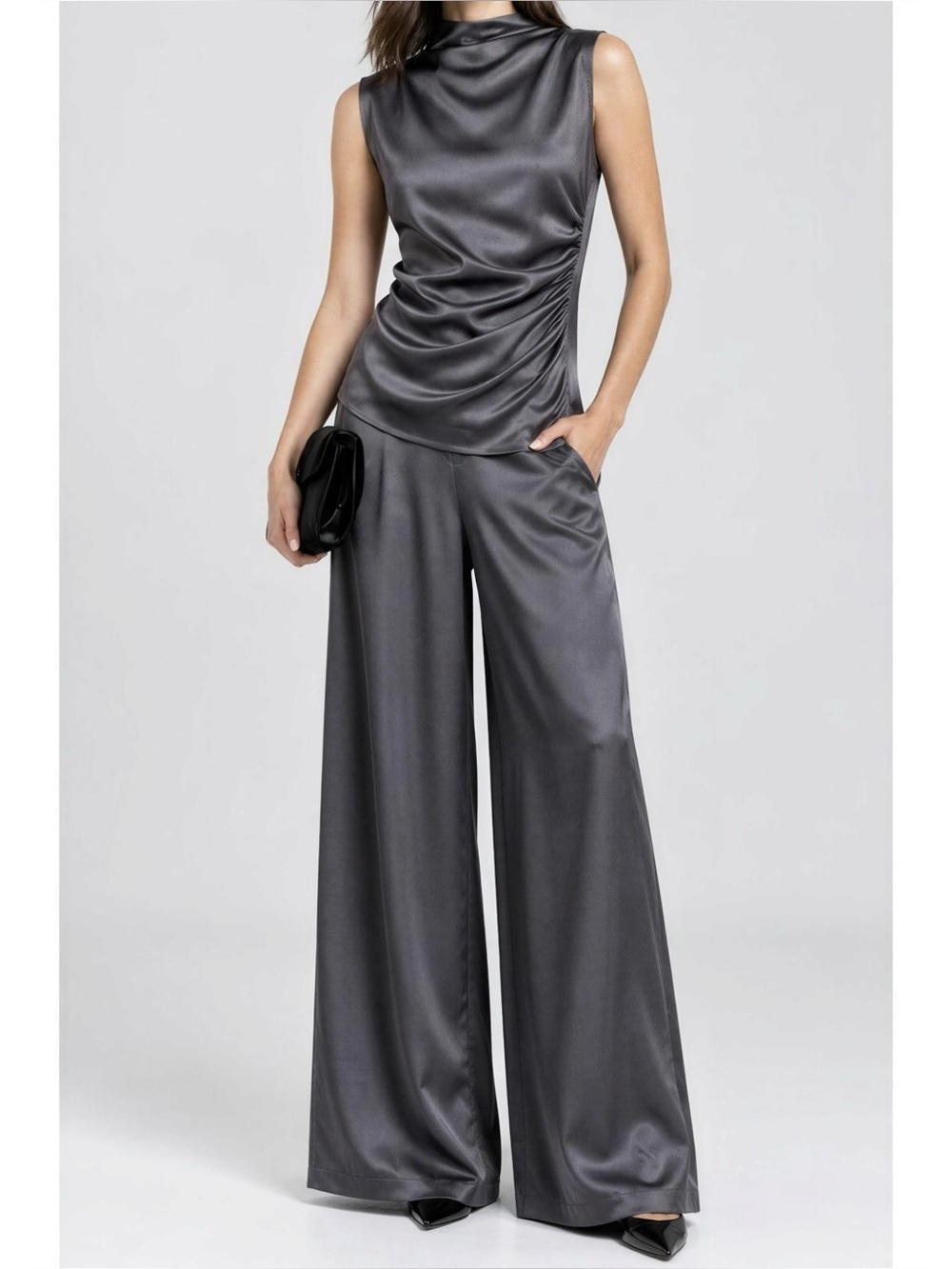 JAKI LONDON Cole Luxe Satin Wide Leg Pants, Charcoal, XS